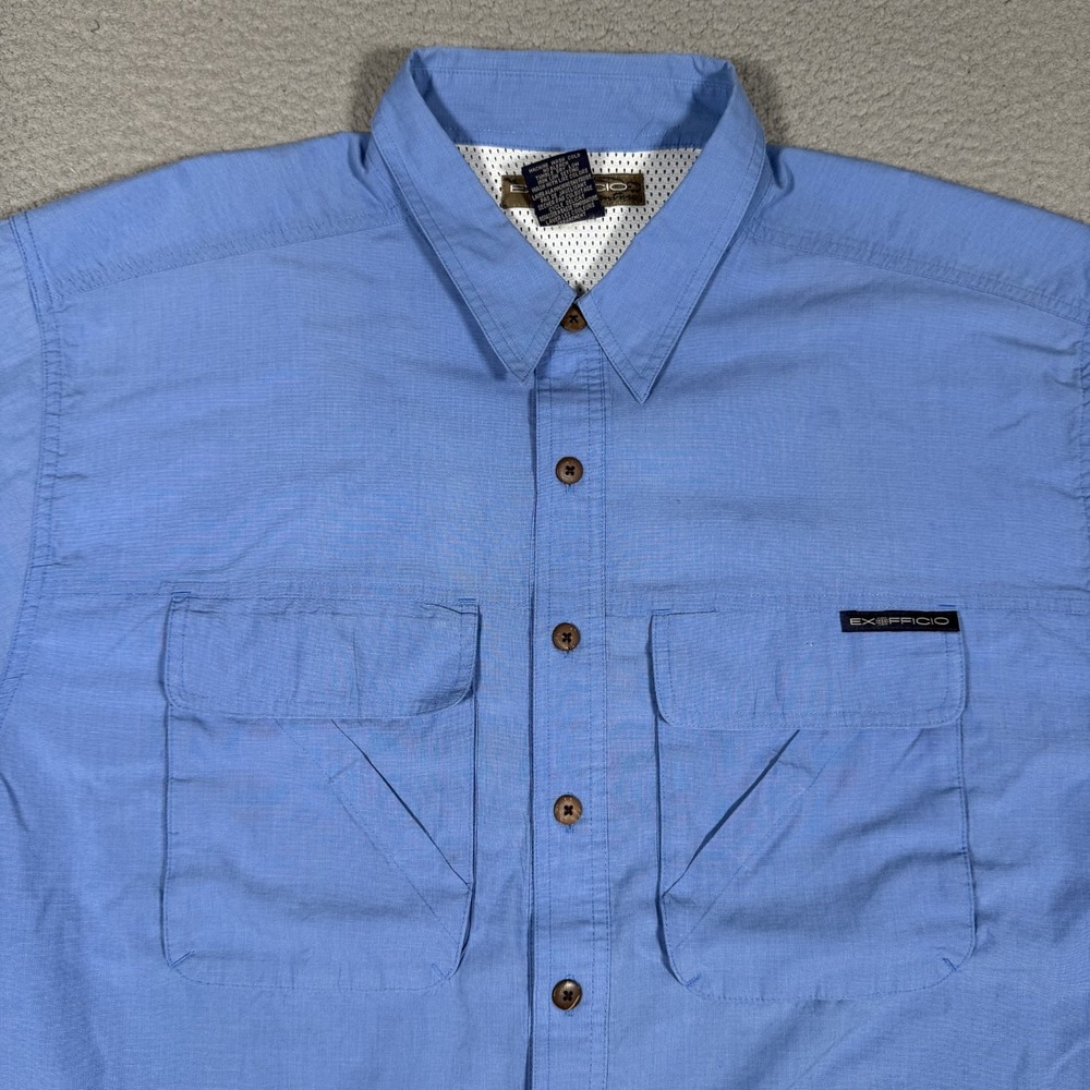 Exofficio Shirt Mens XXL Blue Fishing Hiking Vented Outdoor Casual Preppy Logo‎